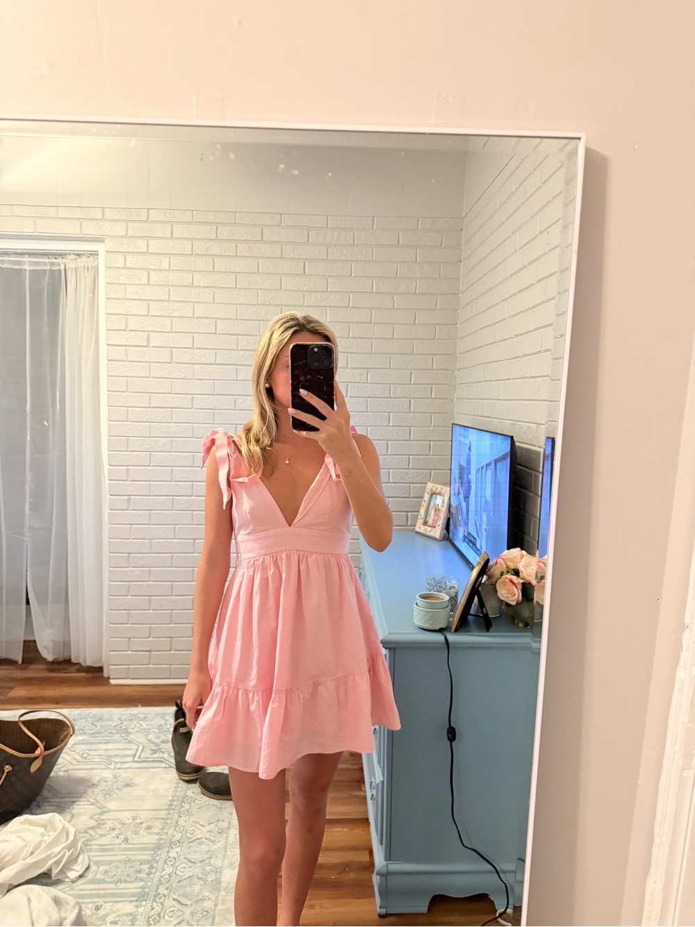 Beginning Boutique Soft Pink Tie-Shoulder V-Neck Mini Dress - Picture 3 of 3
